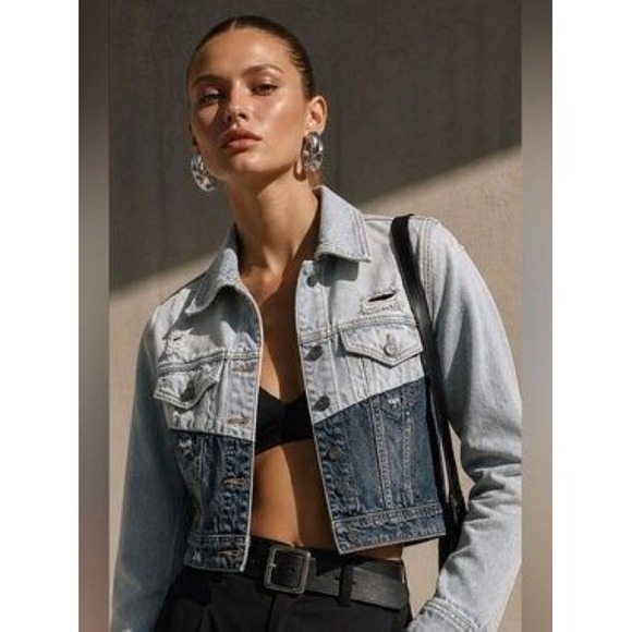 Hidden Jackets & Blazers - Hidden Denim Jacket Women S Distressed Two Tone Cropped Colorblock Y2K